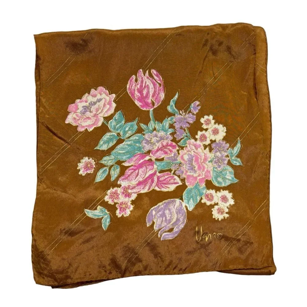 Vintage 1960’s Vera Neumann Silk Tout Soie‎ Ling Bronze Floral Scarf
